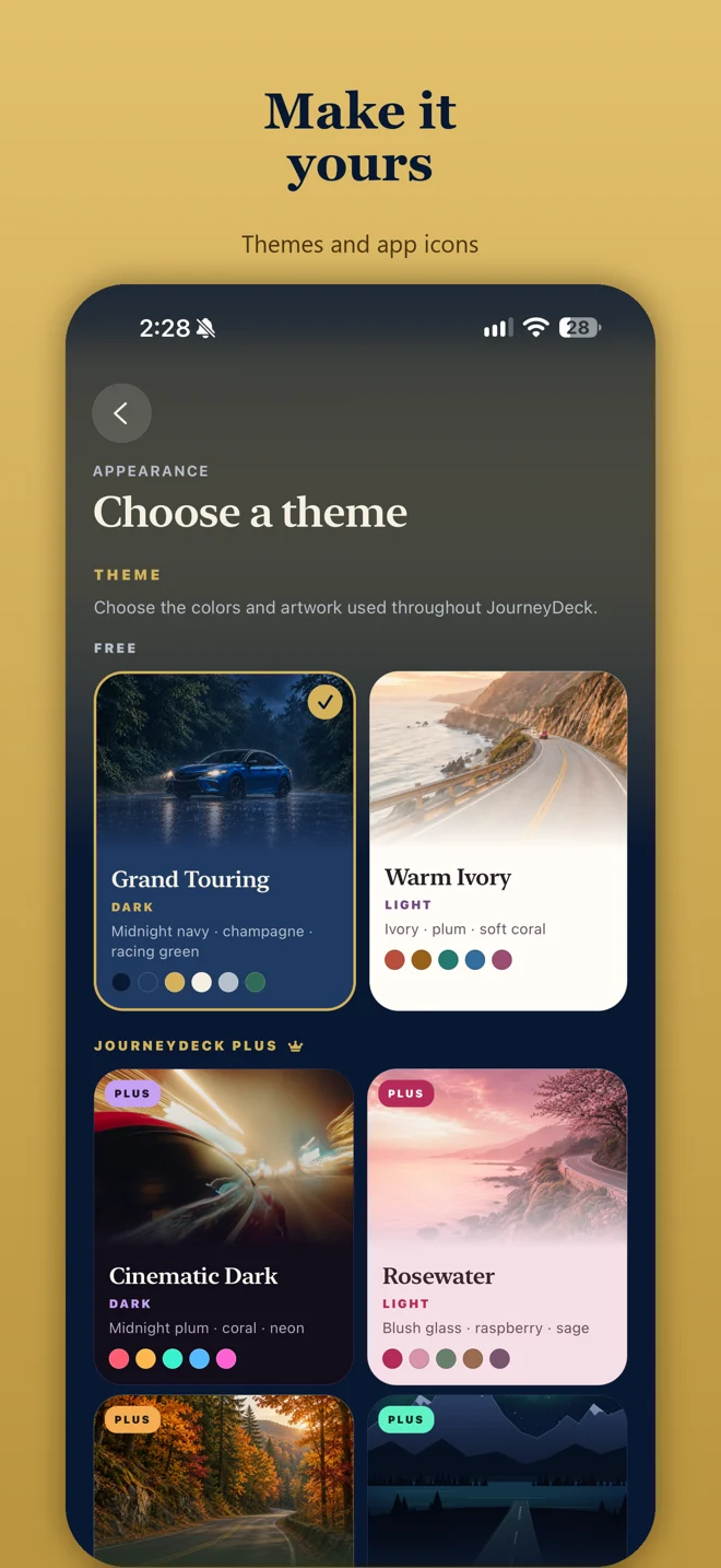 JourneyDeck 4.0 screenshot showing free and Plus appearance choices